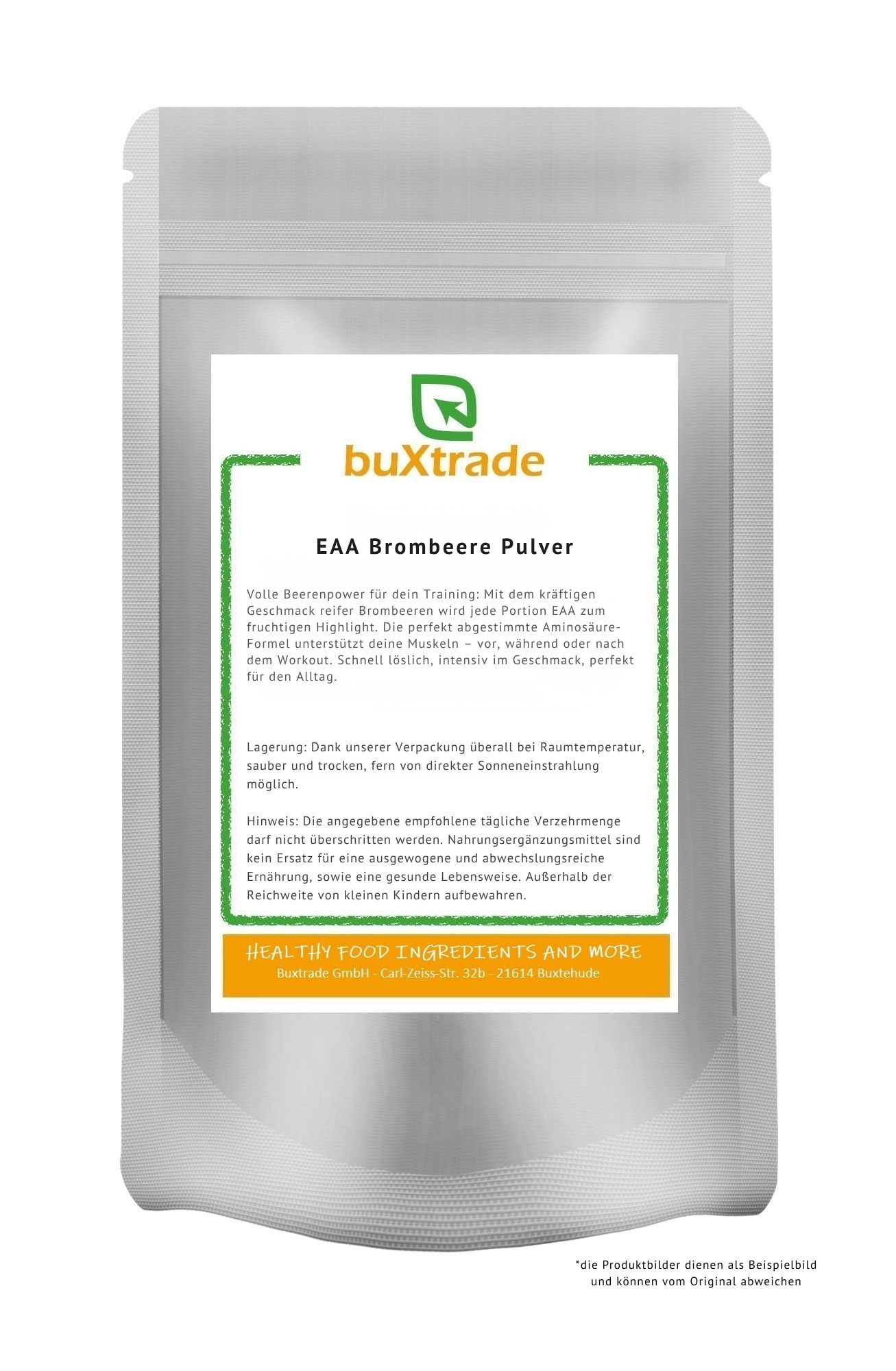 Beutel mit buXtrade EAA Brombeere Pulver. Weißer Beutel mit grünem Etikett. Text: EAA Brombeere Pulver.