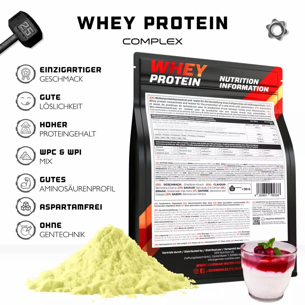 Beutel mit Whey Protein Complex und Pulver daneben. Enthält Informationen zu Geschmack, Löslichkeit, Proteingehalt, WPC & WPI, Aminosäurenprofil, Aspartamfrei und Gentechnikfrei.