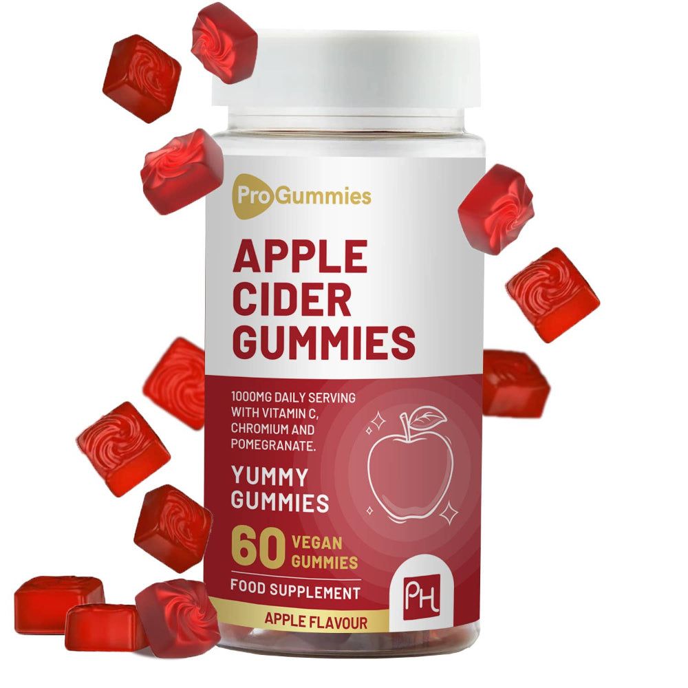 Weißes Flaschendesign mit roter Beschriftung. „Apple Cider Gummies“ und „60 vegane Gummies“ sind sichtbar. Rote Gummibärchen umgeben die Flasche.