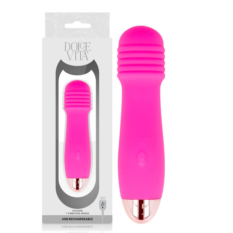 Pinkfarbener Vibrator neben Verpackung. Verpackung mit Produktabbildung, Text und USB-Ladekabel.