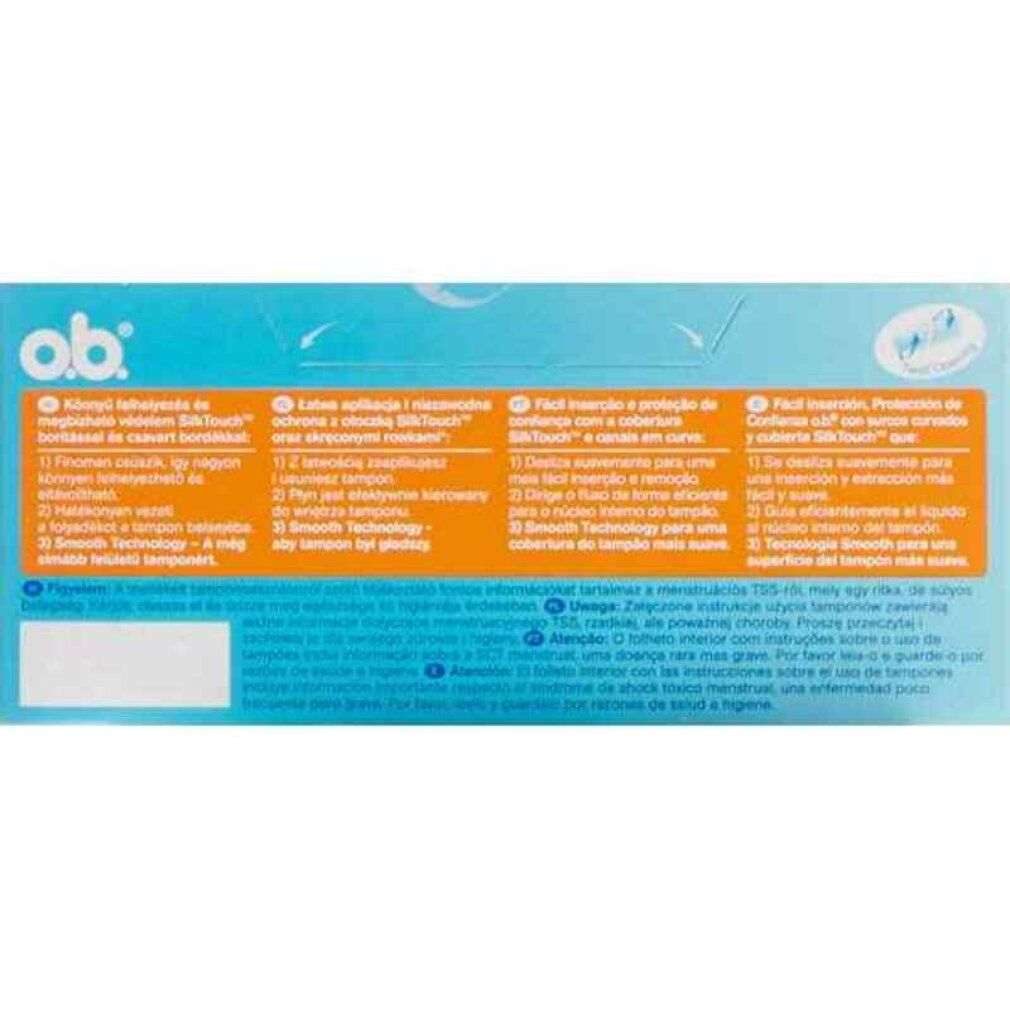 Rückseite der o.b. ProComfort Verpackung. Text in mehreren Sprachen. Produktinformationen und Anweisungen.