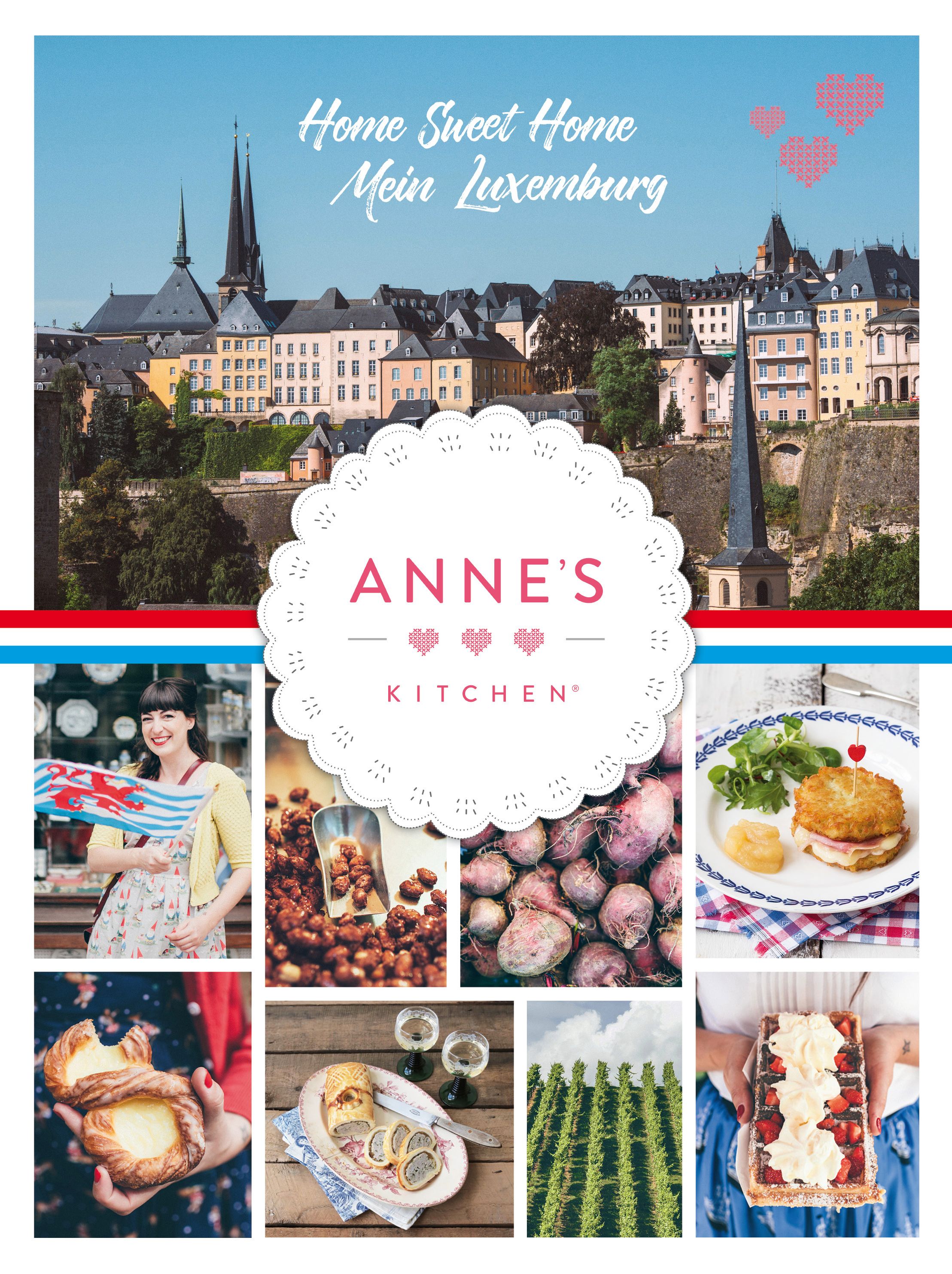 Logo von Anne's Kitchen mit Herzen. Darunter verschiedene Lebensmittel und eine Frau mit einer Flagge.