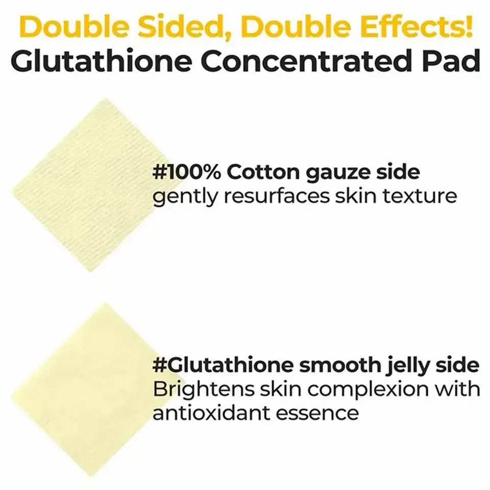 Zwei quadratische Pads. Text: #100% Cotton gauze side, #Glutathione smooth jelly side. Produktinformationen.