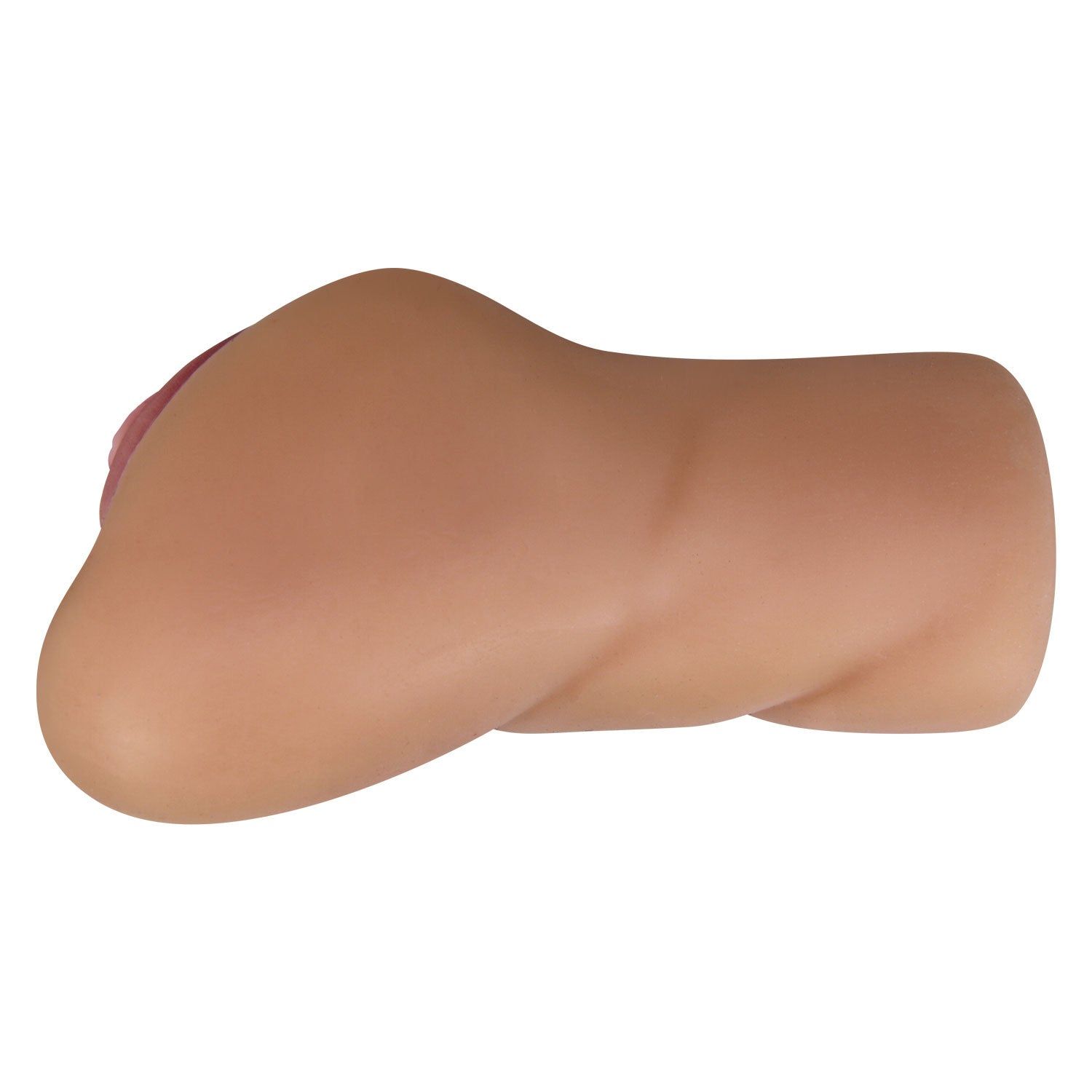 Fleischfarbenes Masturbationsgerät, seitliche Ansicht. Rosafarbene Öffnung. Gerippte Innenseite sichtbar.