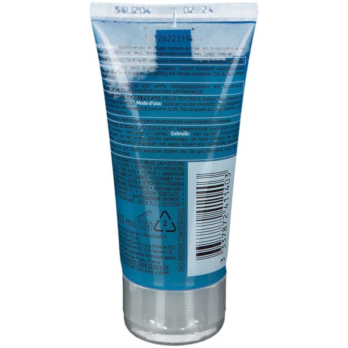 Rückseite einer blau-weißen Tube. Enthält Text und Inhaltsstoffe. Marke: La Roche-Posay. Volumen: 50 ml.