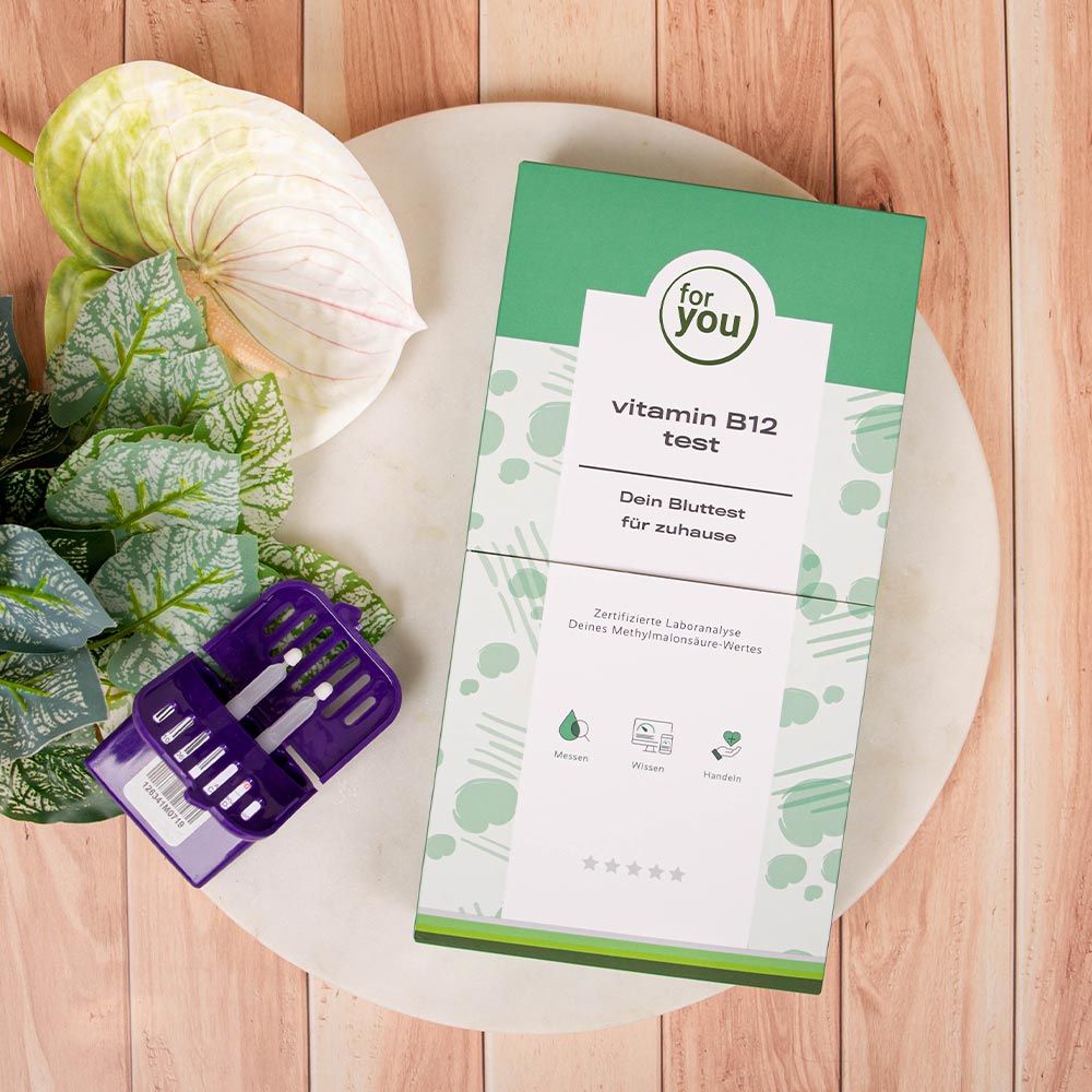 Verpackung eines Vitamin B12-Tests für zuhause mit Lanzetten und Tupfern.