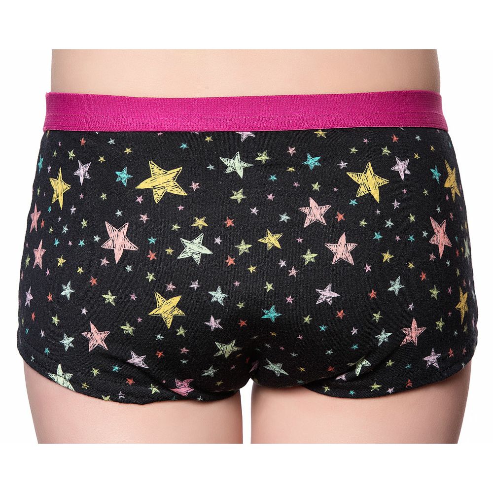Schwarzer Inkontinenz-Slip mit Sternenmuster und pinkfarbenem Bund. Kurze Form, Rückansicht.