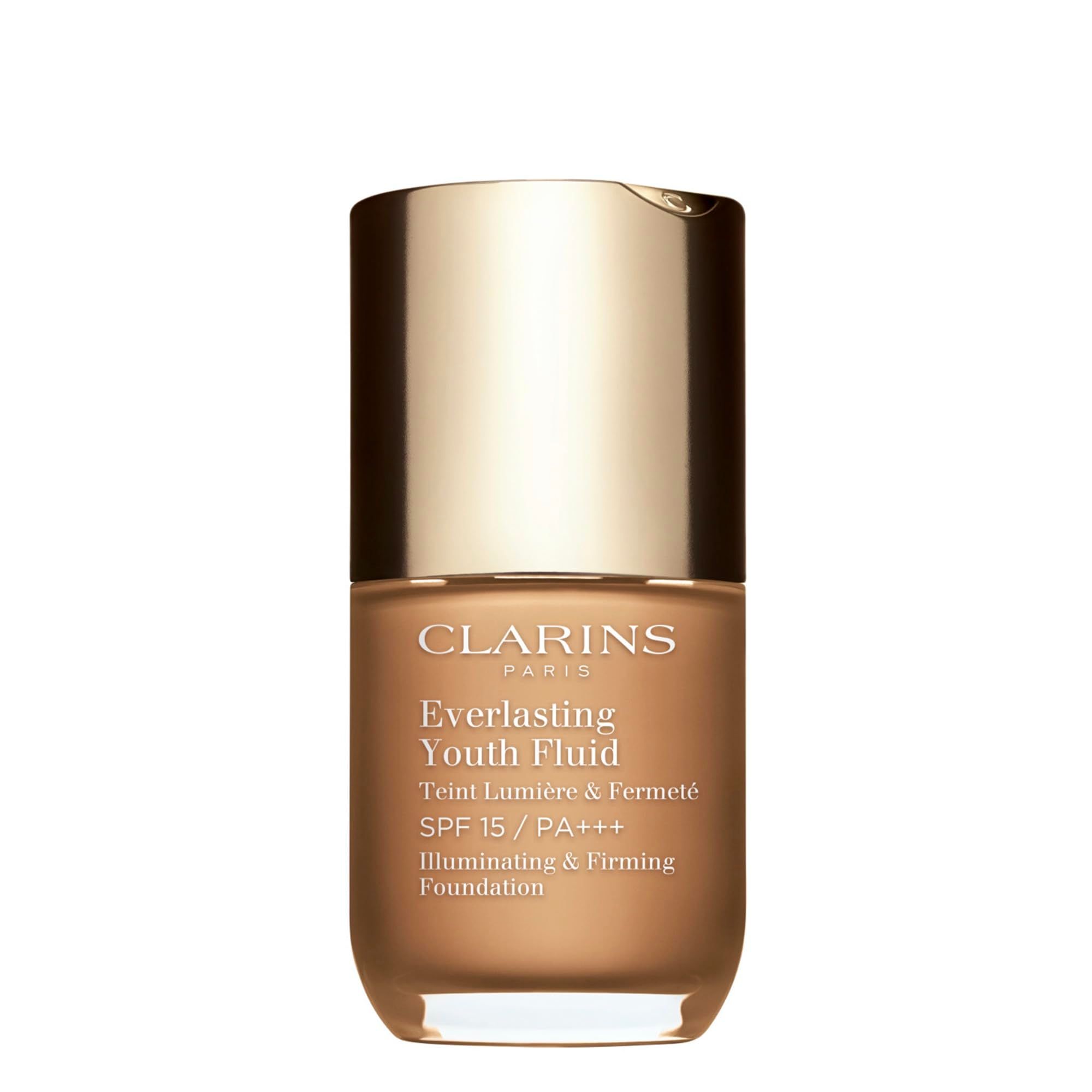 Clarins Everlasting Youth Fluid, Flasche mit goldfarbenem Deckel. Text auf der Flasche.