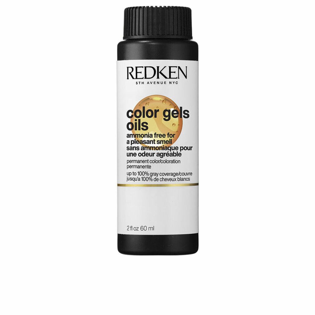 Farbflasche Redken Color Gels Oils. Schwarzer Deckel, weißes Etikett mit Produktinformationen und Logo.