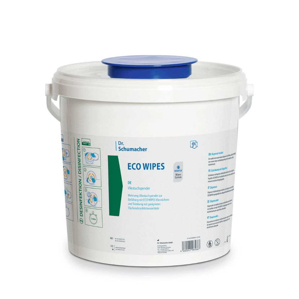 Weißer Eimer mit blauem Deckel. Aufschrift: Dr. Schumacher ECO WIPES. Grün-weiße Piktogramme. Griff.