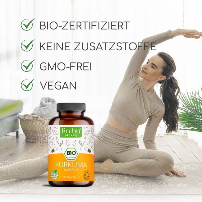 Frau beim Yoga mit Flasche BIO Kurkuma Kapseln. Text: Bio-zertifiziert, keine Zusatzstoffe, GMO-frei, Vegan.