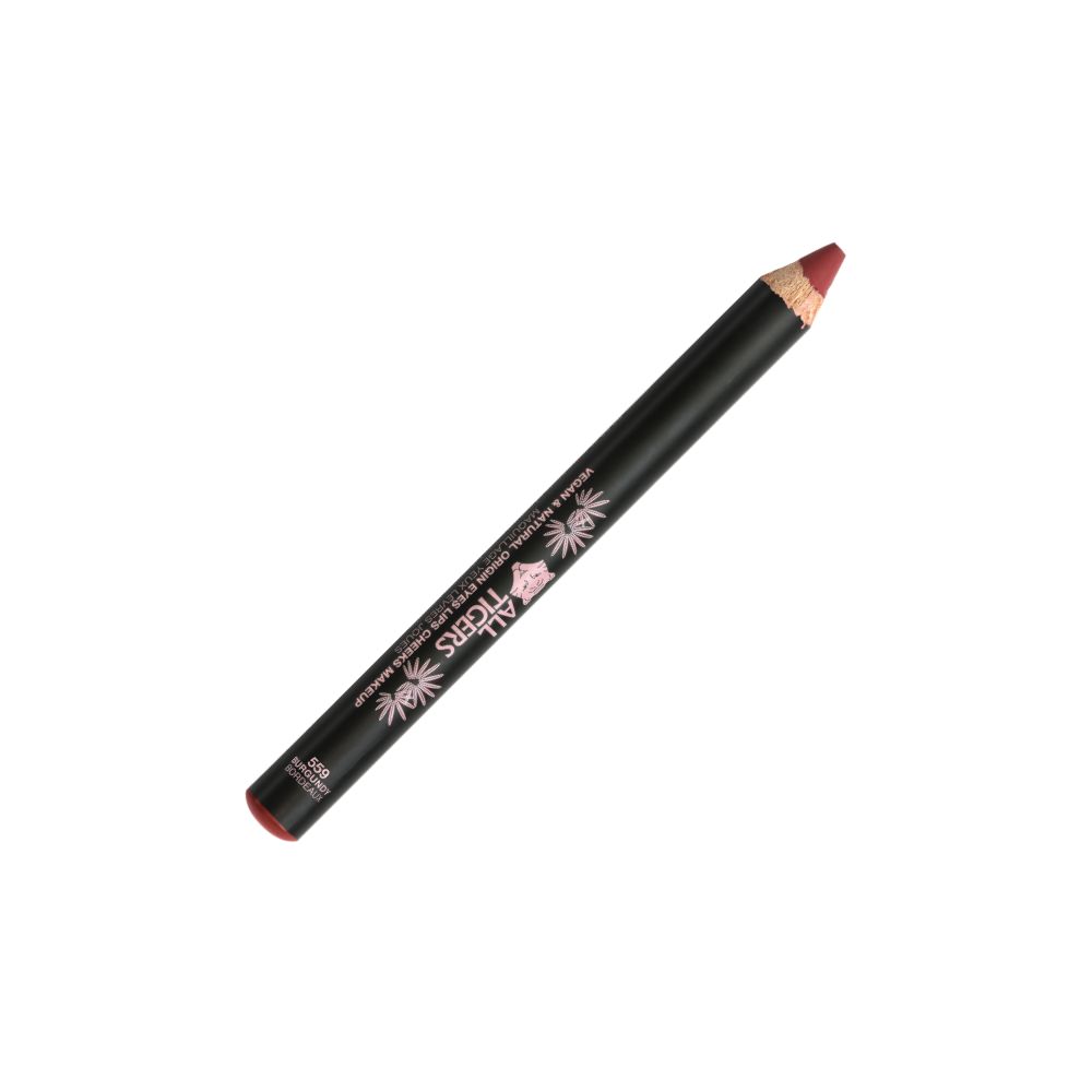 Stift für Augen, Wangen und Lippen. Schwarzer Stift mit roter Spitze. Text: ALL TIGERS, vegan & natürlich.