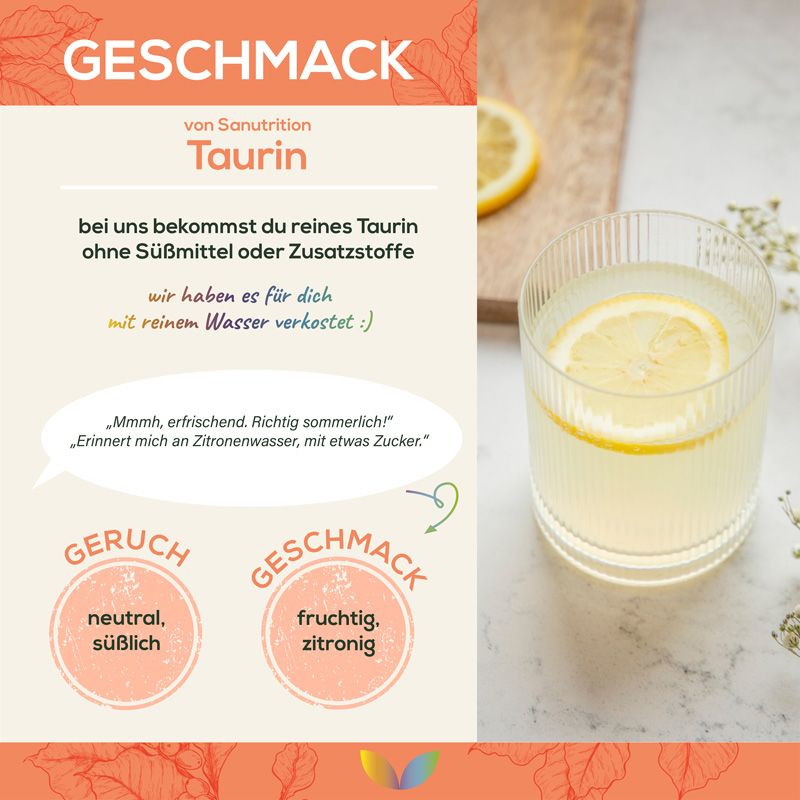 Glas mit Getränk und Zitronenscheibe. Text: Geschmack von Sanutrition Taurin. Geschmack: fruchtig, zitronig. Geruch: neutral, süßlich.