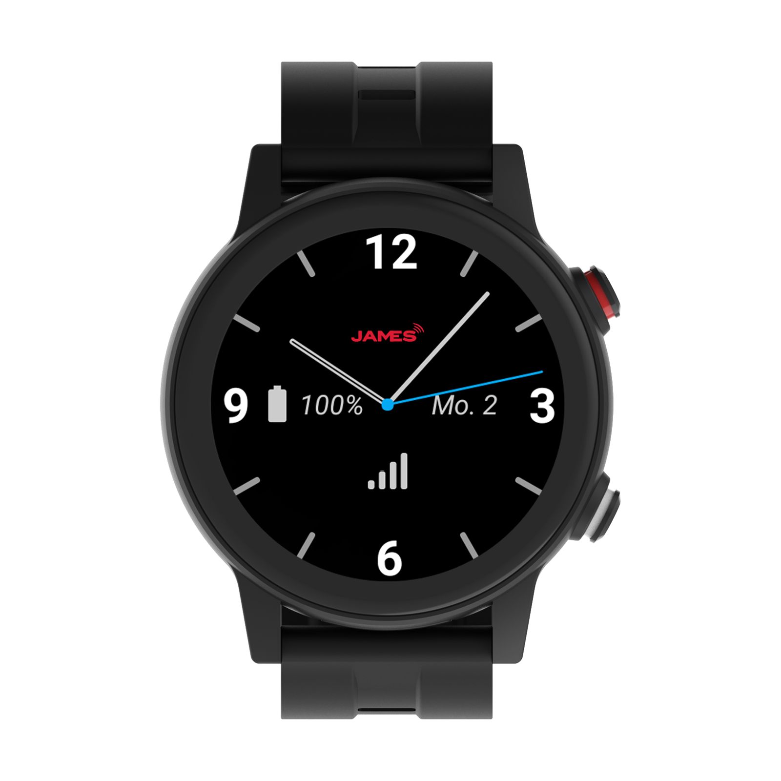 Schwarze Smartwatch mit rundem Zifferblatt. Zeigt Uhrzeit, Datum, Akkustand und Signalstärke. Marke: JAMES.
