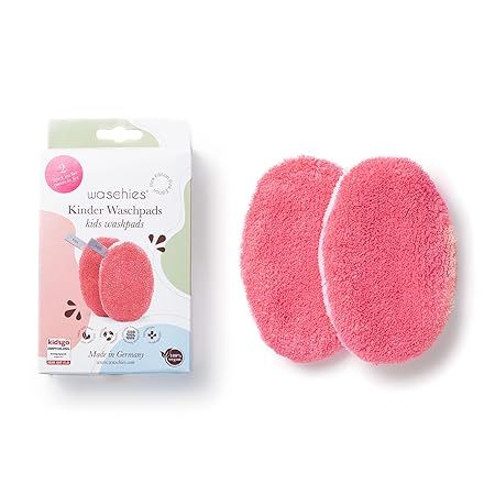 Verpackung mit zwei pinkfarbenen Waschpads. Text: Waschies Kinder Waschpads. Marke: kidigo. Made in Germany. Zertifizierungen.