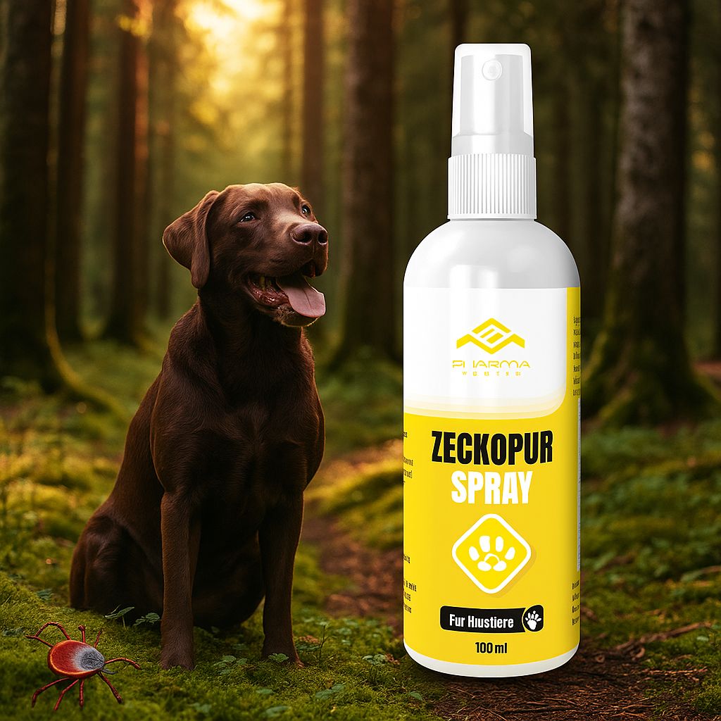 Hund im Wald neben Zeckopur Spray Flasche. Flasche: weiß, gelbes Etikett, Aufschrift Zeckopur Spray, Für Haustiere, 100 ml. Zecke am Boden.