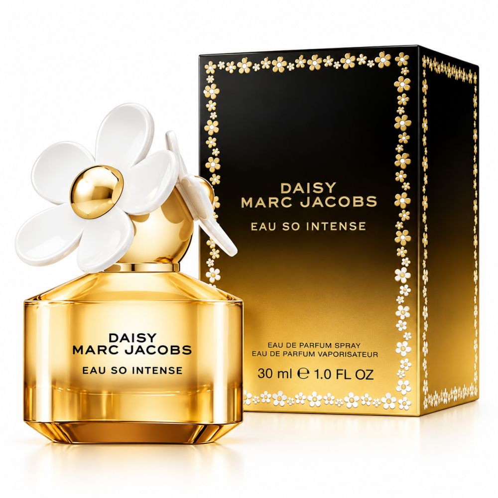 Marc Jacobs Daisy Eau So Intense Damenduft, 30 ml Flakon mit Blumen-Applikation und passender Schachtel.