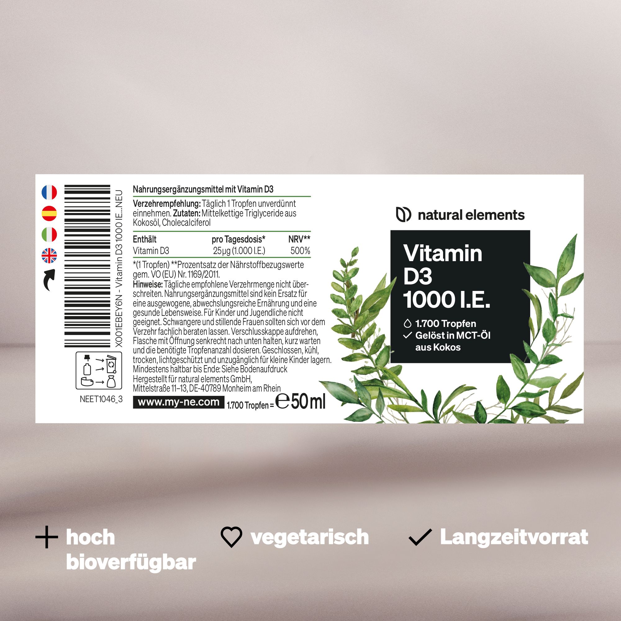 Etikett mit Produktinformationen und Logo "natural elements". Enthält Text in Deutsch, sowie Symbole für vegetarisch und Langzeitvorrat.