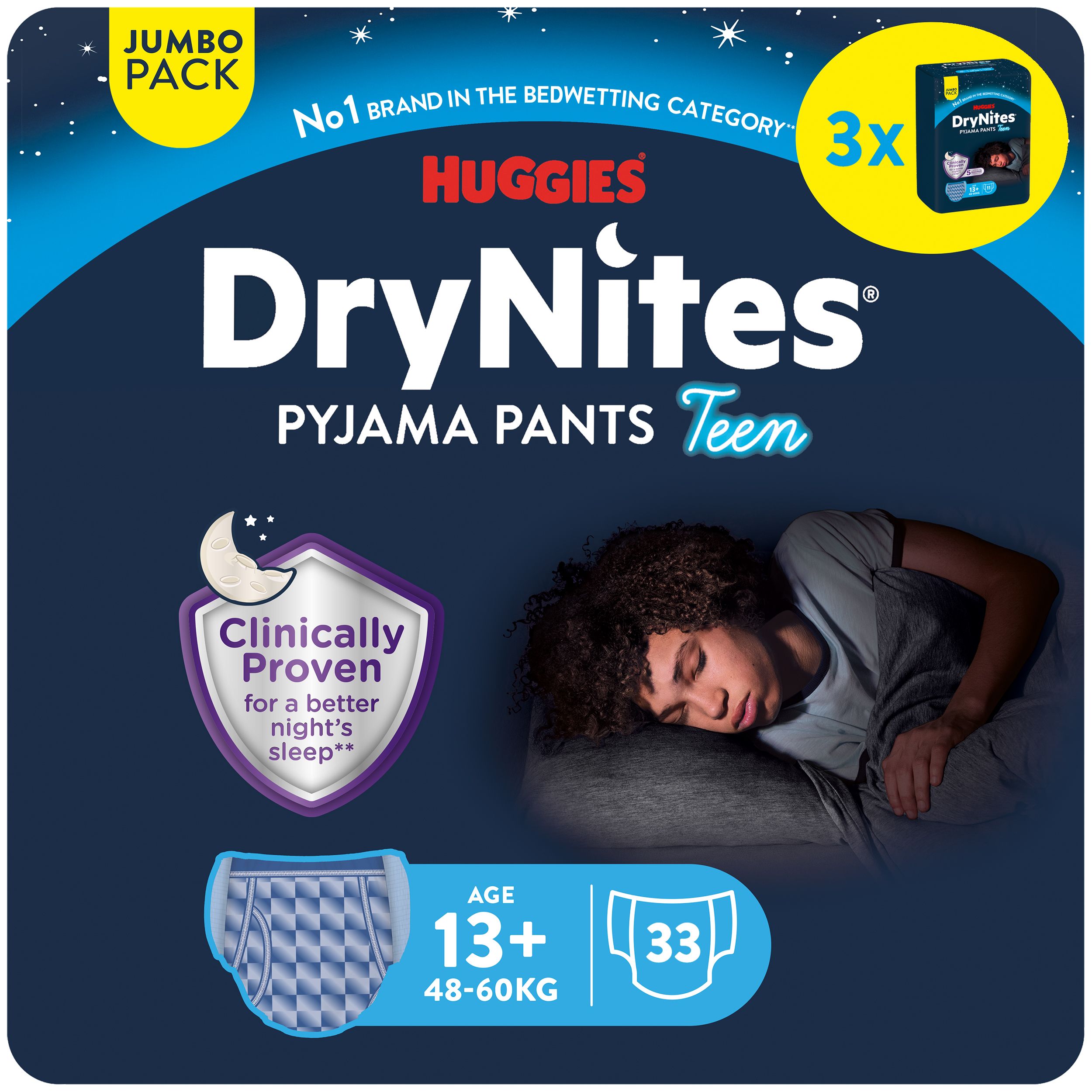 Huggies DryNites Pyjama Pants Teen, blaue Verpackung. Alter 13+, 48-60kg. Jumbo Pack. Enthält 33 Windeln. Abbildung eines schlafenden Jungen.