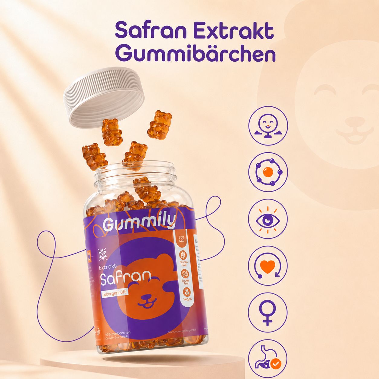 Gummily Safran Extrakt Flasche mit herausfliegenden Gummibärchen.