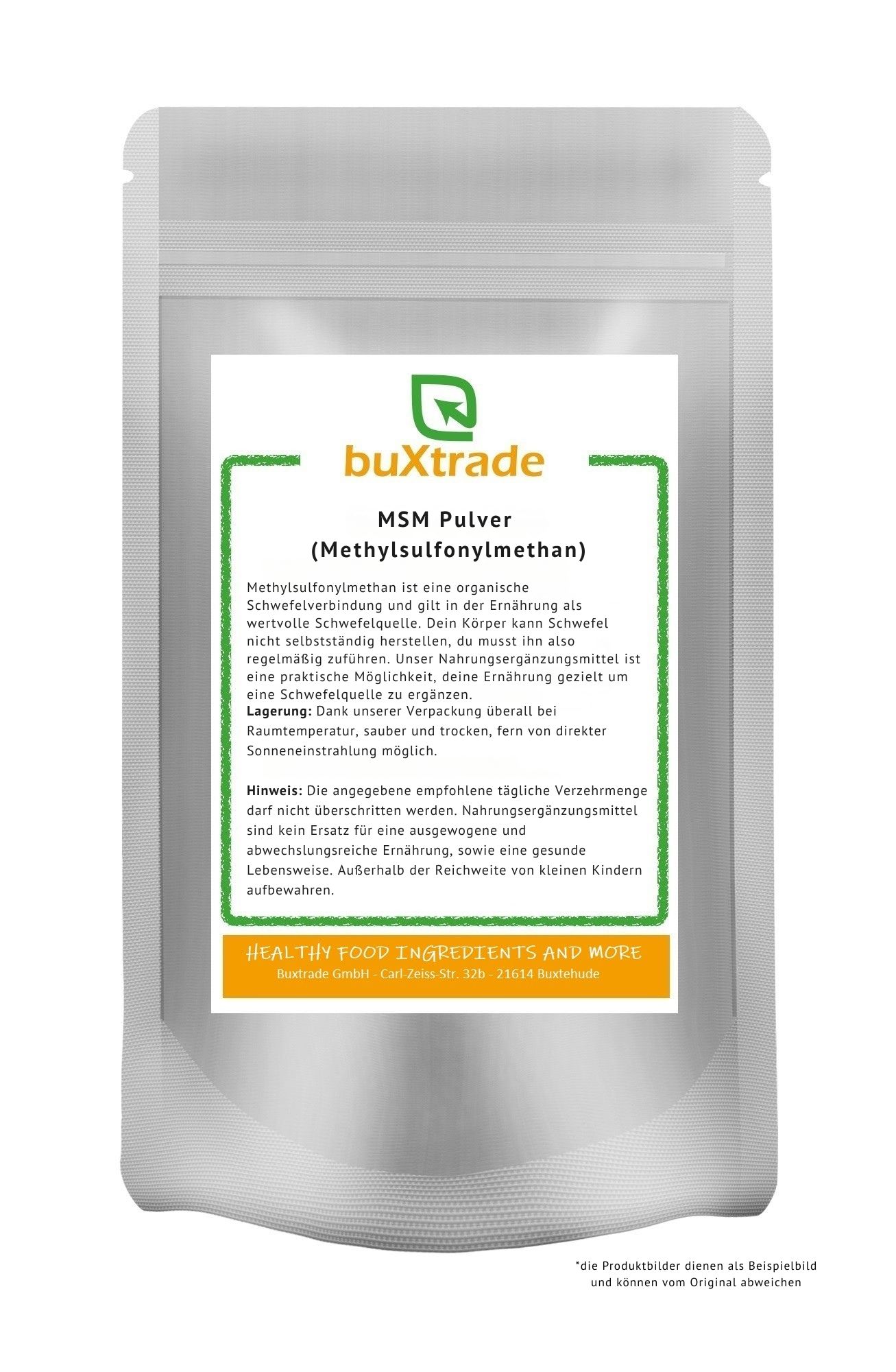BuxTrade MSM Pulver (Methylsulfonylmethan) in einem Standbodenbeutel. Grüne und weiße Verpackung mit Produktinformationen.