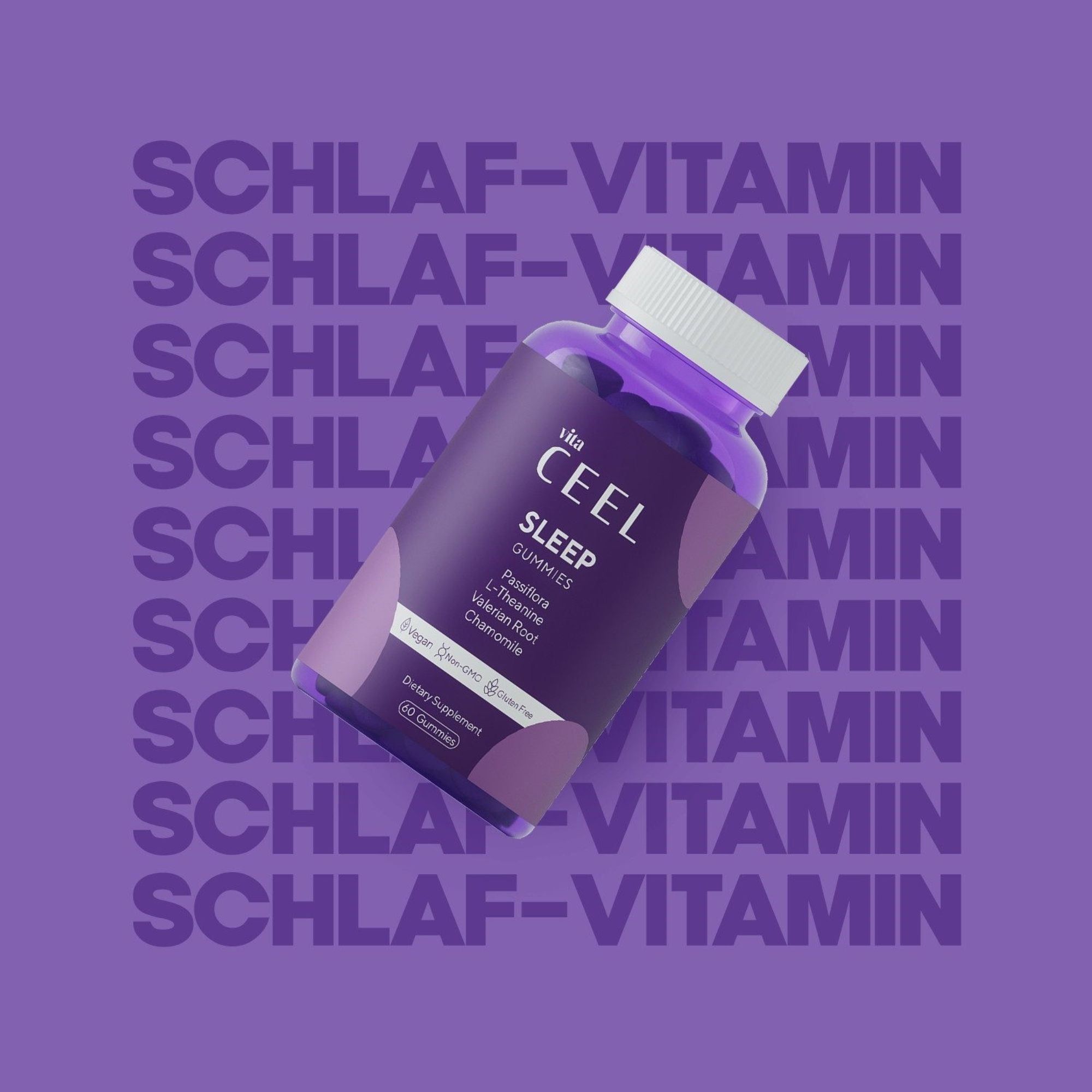 Flasche Vita Ceel Sleep Gummies vor einem lila Hintergrund mit wiederholtem Text.