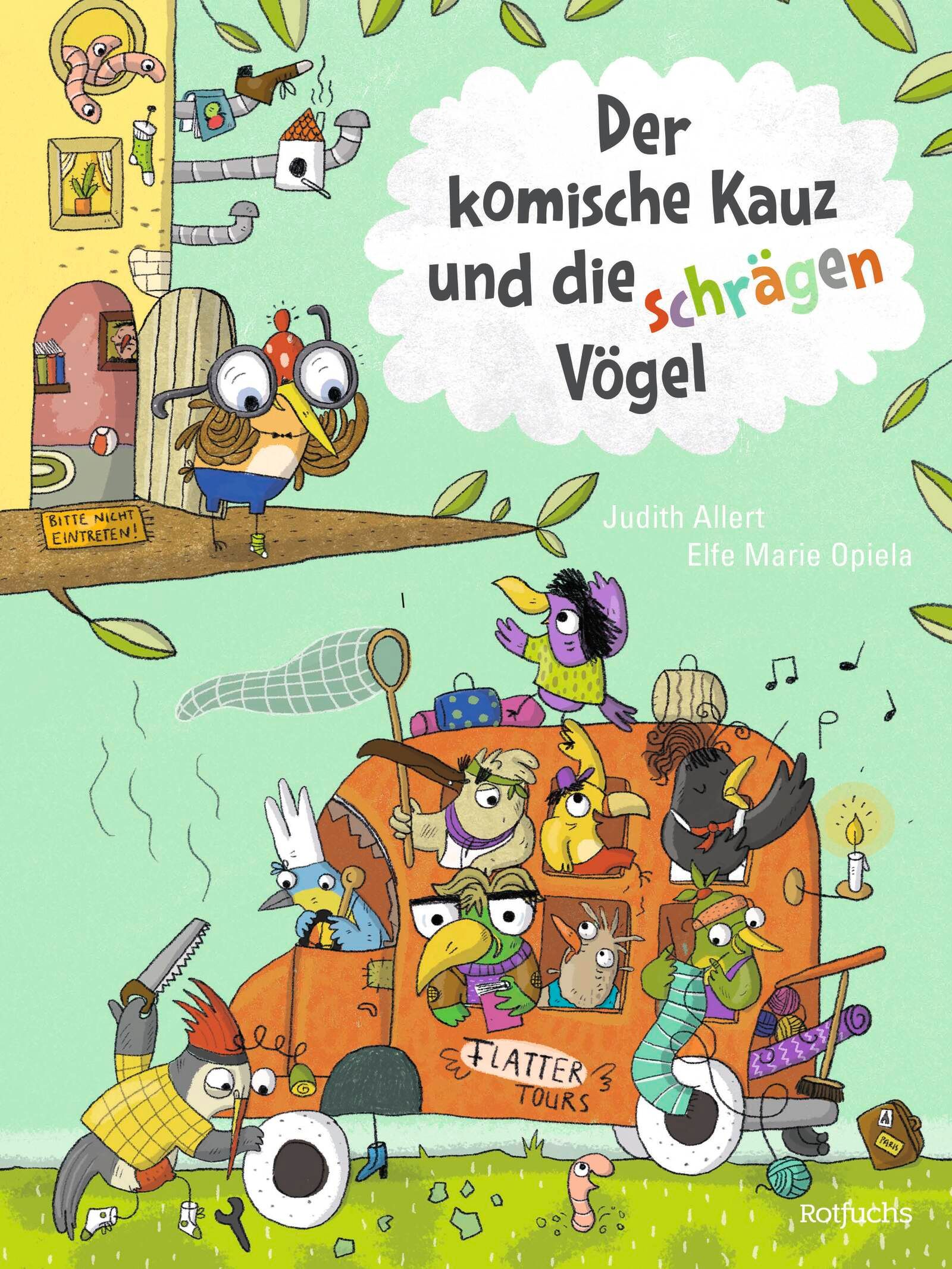 Buchcover mit Illustrationen. Titel: Der komische Kauz und die schrägen Vögel. Autoren: Judith Allert, Elfe Marie Opiela. Verlag: Rotfuchs.
