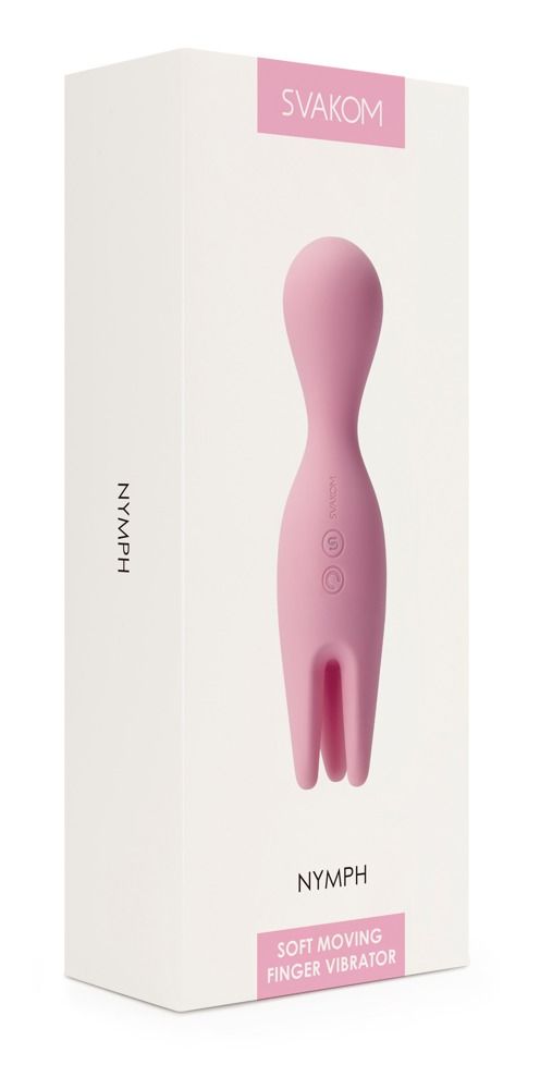 Verpackung des rosa Vibrators. Marke Svakom, Modell Nymph. Text: Soft Moving Finger Vibrator.