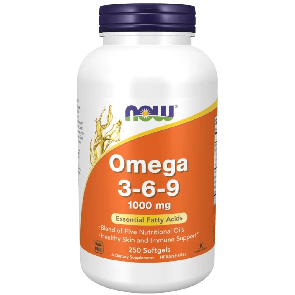 Weiße Flasche mit orangefarbenem Etikett. Aufschrift: Omega 3-6-9, 1000 mg, 250 Softgels. Marke: NOW.