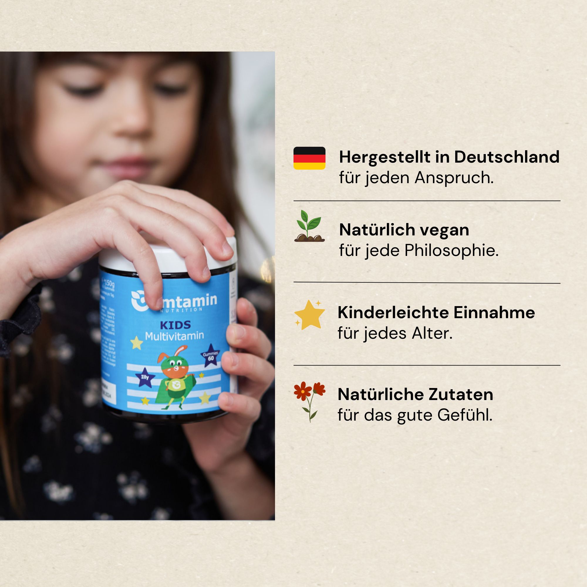 Kind hält Dose Gumtamin KIDS Multivitamin. Text: Hergestellt in Deutschland, natürlich vegan, einfache Einnahme, natürliche Zutaten.