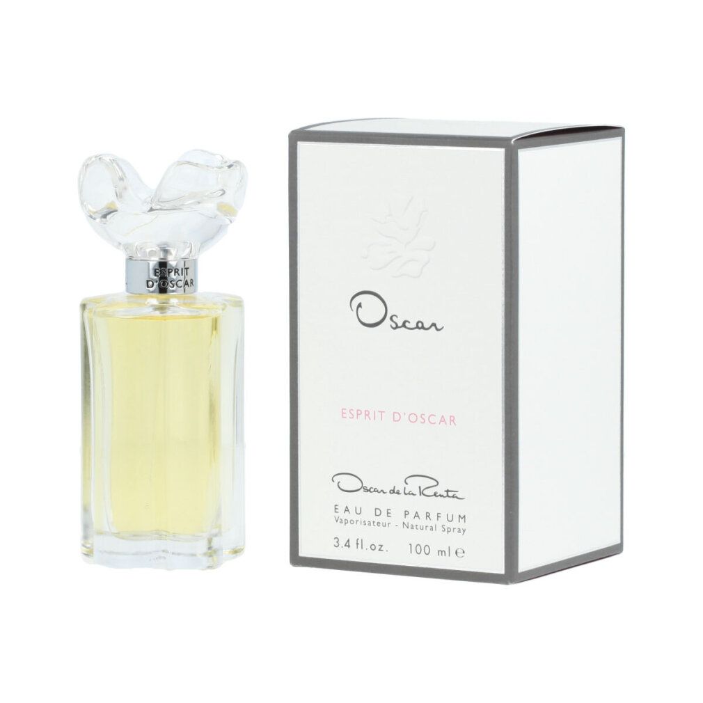 Parfümflakon mit Blumendeckel und Karton. Aufschrift: Oscar, Esprit d'Oscar, Eau de Parfum, 100 ml.