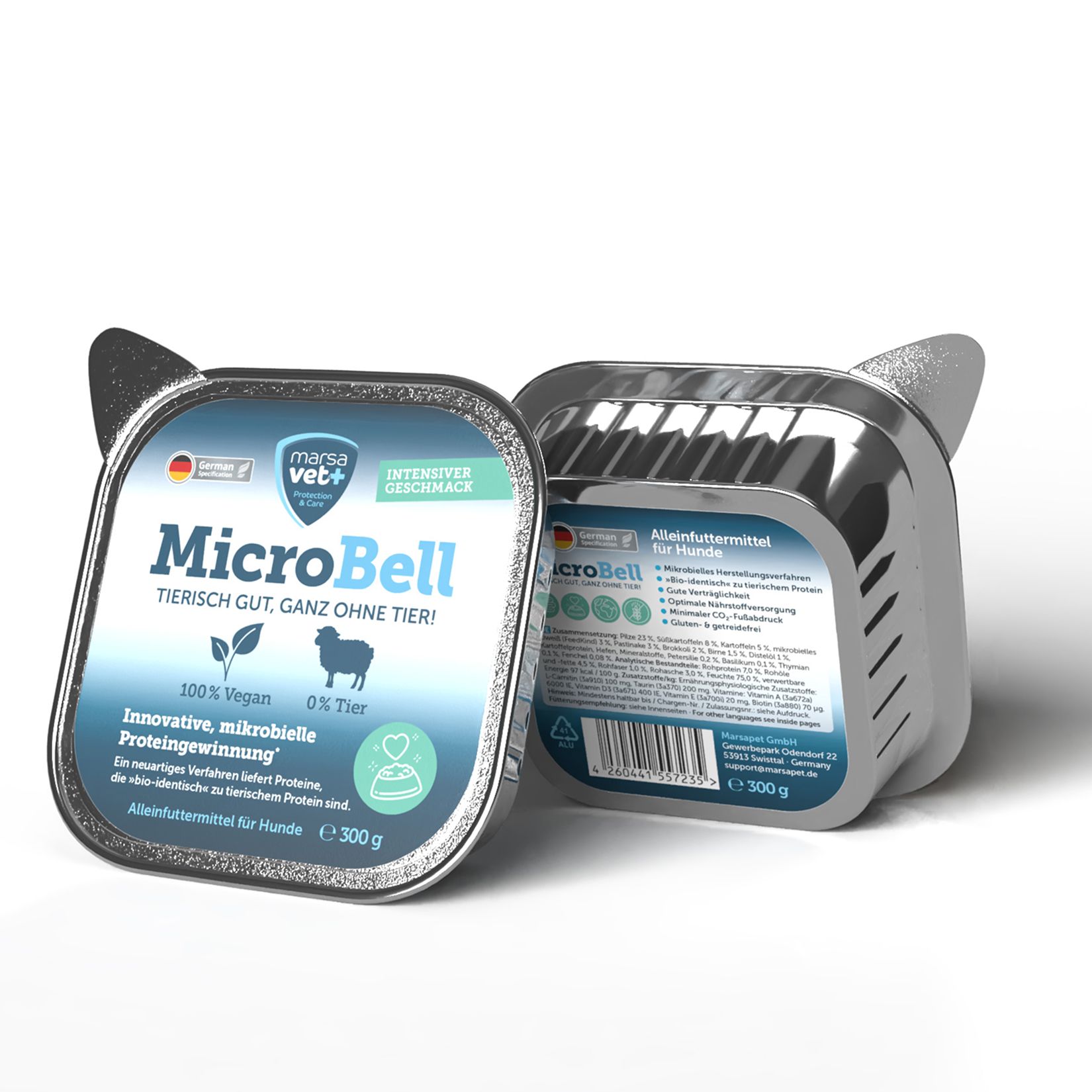 Zwei Schalen Hundefutter. Aufdruck: MicroBell, 100% vegan, 0% Tier. Innovative, mikrobielle Proteingewinnung. 300g. Katzenohren-Design.