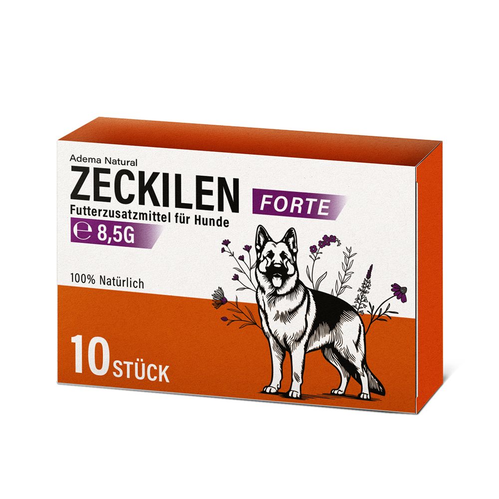 Orangefarbene Schachtel mit "Zeckilen Forte"-Aufdruck, Abbildung eines Hundes, 10 Tabletten. Text: "Futterzusatzmittel für Hunde".