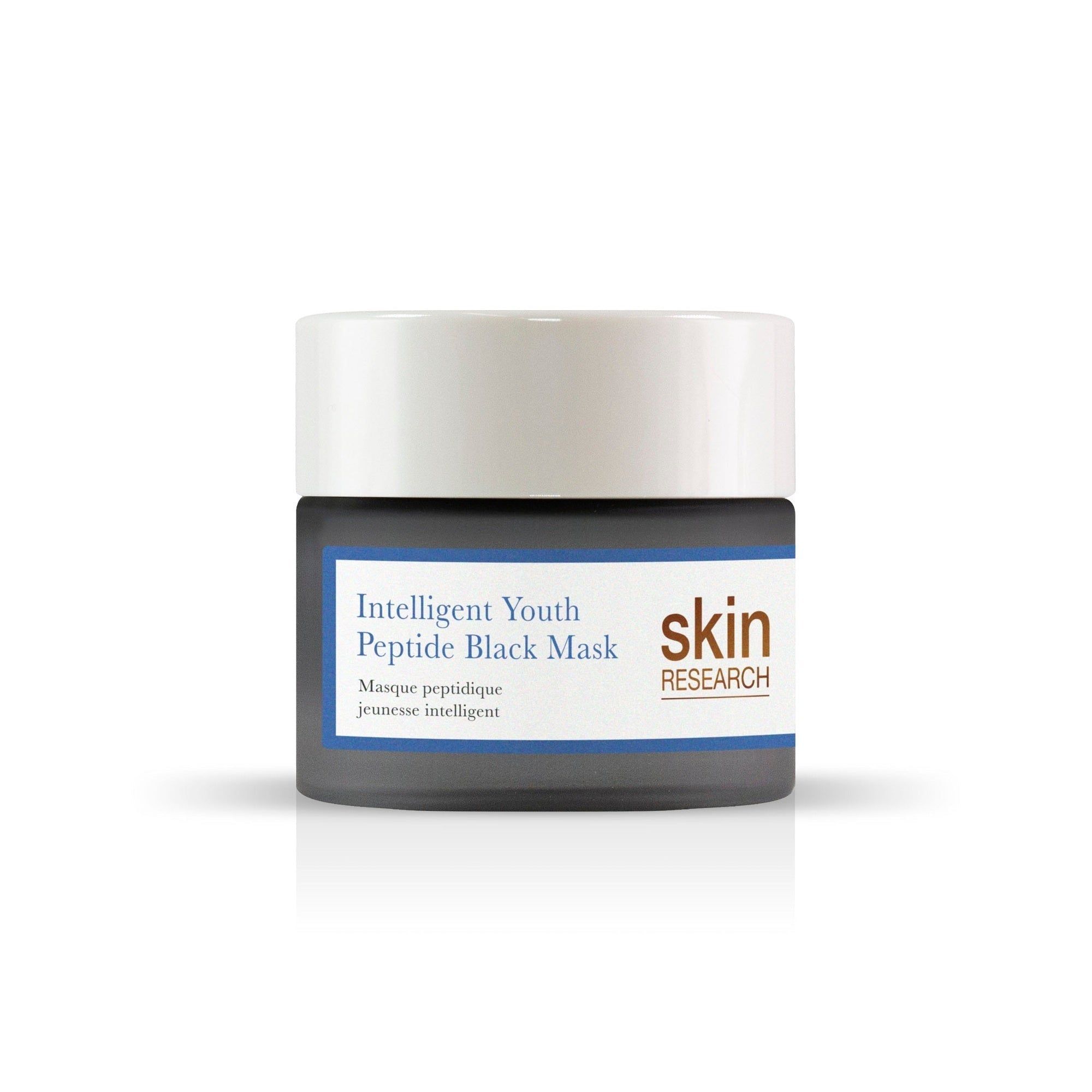 Dunkle Glasdose mit weißem Deckel. Aufschrift: Intelligent Youth Peptide Black Mask. Marke: skin RESEARCH.