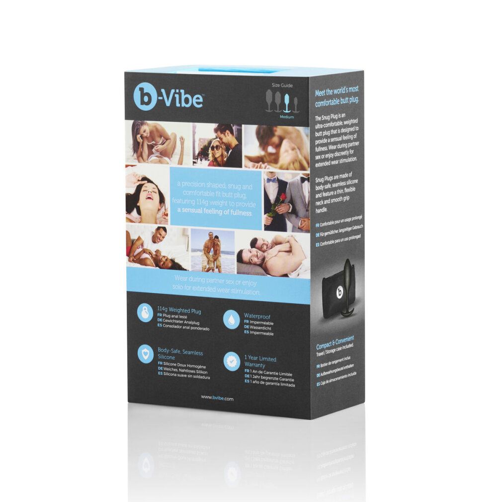 Produktverpackung mit Bildern und Text. Marke 'b-Vibe' und Produktinformationen.