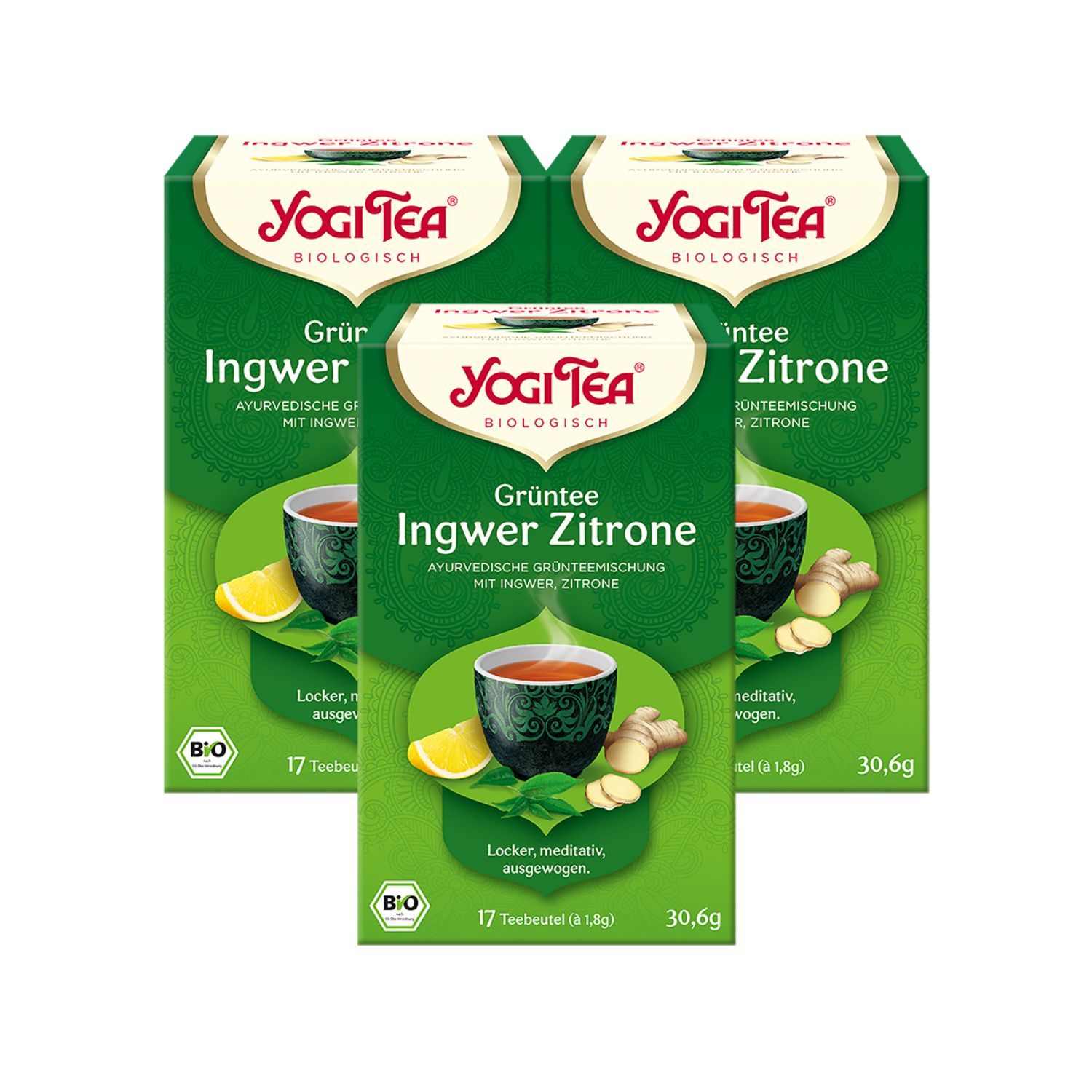 Drei grüne Yogi Tea-Schachteln. Aufdruck: Grüntee Ingwer Zitrone, ayurvedische Grünteemischung. Bio-Siegel, 17 Teebeutel.
