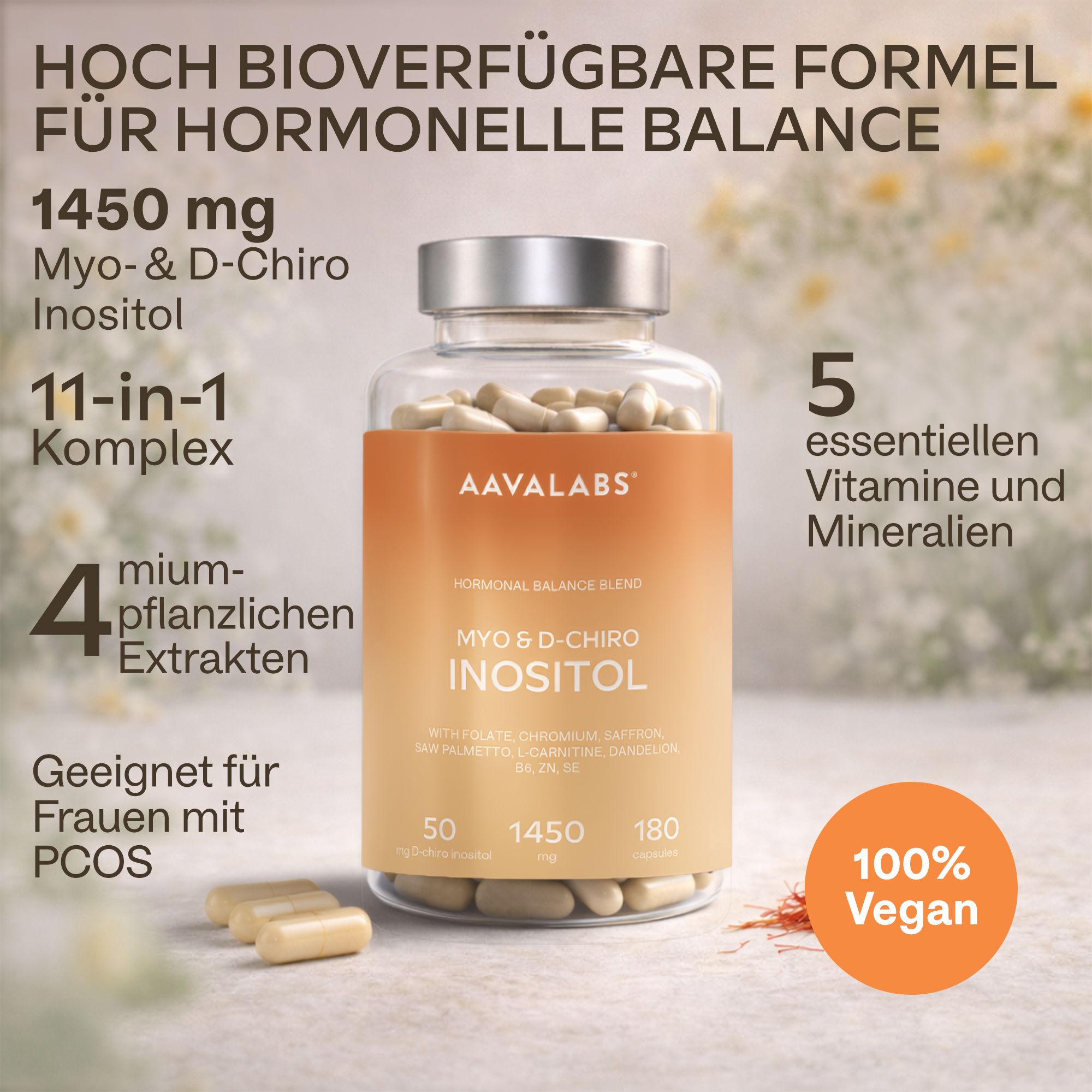 Flasche mit Kapseln. Aufschrift: Aavalabs, Myo & D-Chiro Inositol. Geeignet für Frauen mit PCOS. Vegan.