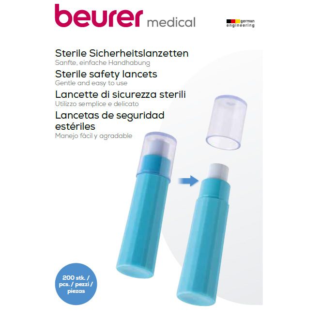 Zwei blaue Sicherheitslanzetten, eine mit aufgesetzter Kappe, die andere mit abgenommener Kappe.
