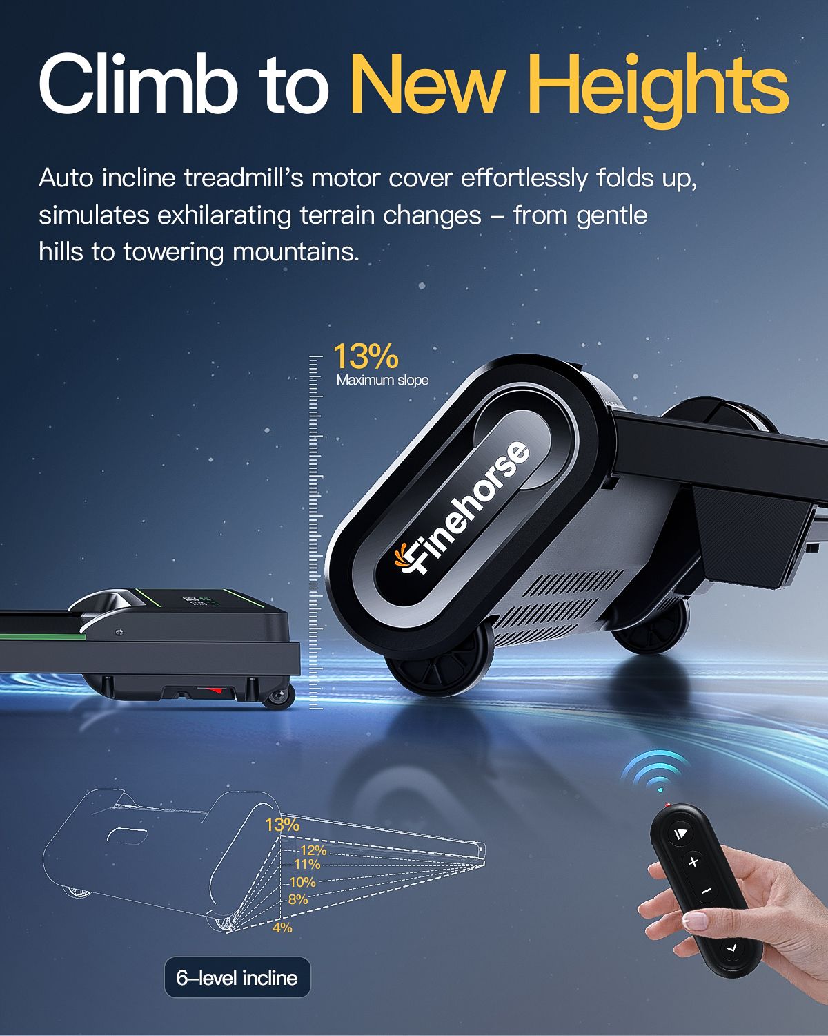 Laufband mit 6-stufiger Neigung. Text: Climb to New Heights. Marke Finehorse. Fernbedienung. 13% maximale Steigung.