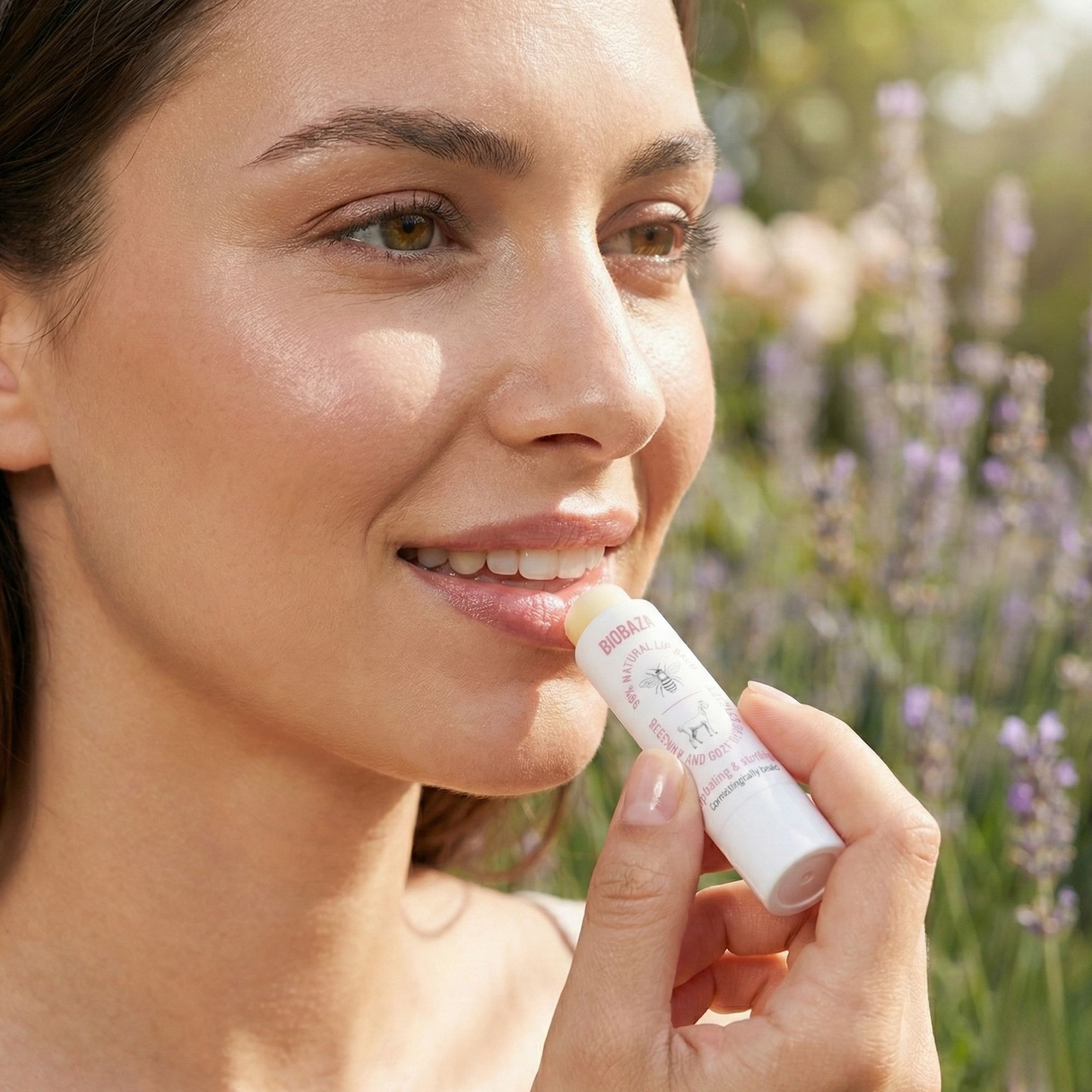Frau trägt Lippenbalsam auf. Aufschrift: Biobaza. Produkt: Lippenbalsam-Stift. Hintergrund: Lavendelblüten.