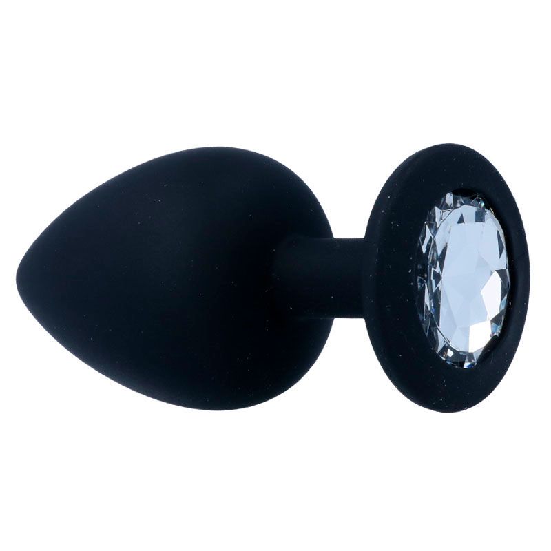 Schwarzer Analplug mit tropfenförmigem Kopf und Kristallverzierung am Sockel. Horizontale Ansicht.