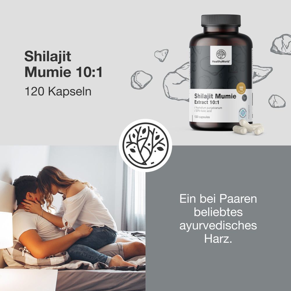 Produktabbildung mit Text. Shilajit Mumie 10:1, 120 Kapseln. Paar umarmt sich. Text: ayurvedisches Harz.