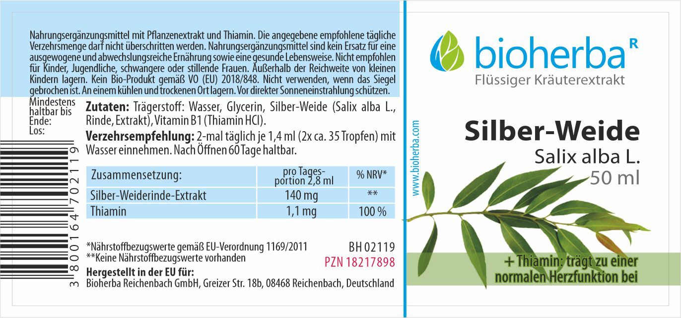 Etikett mit Produktinformationen. Enthält Text zu Inhaltsstoffen, Dosierung und Hersteller. Marke: Bioherba.