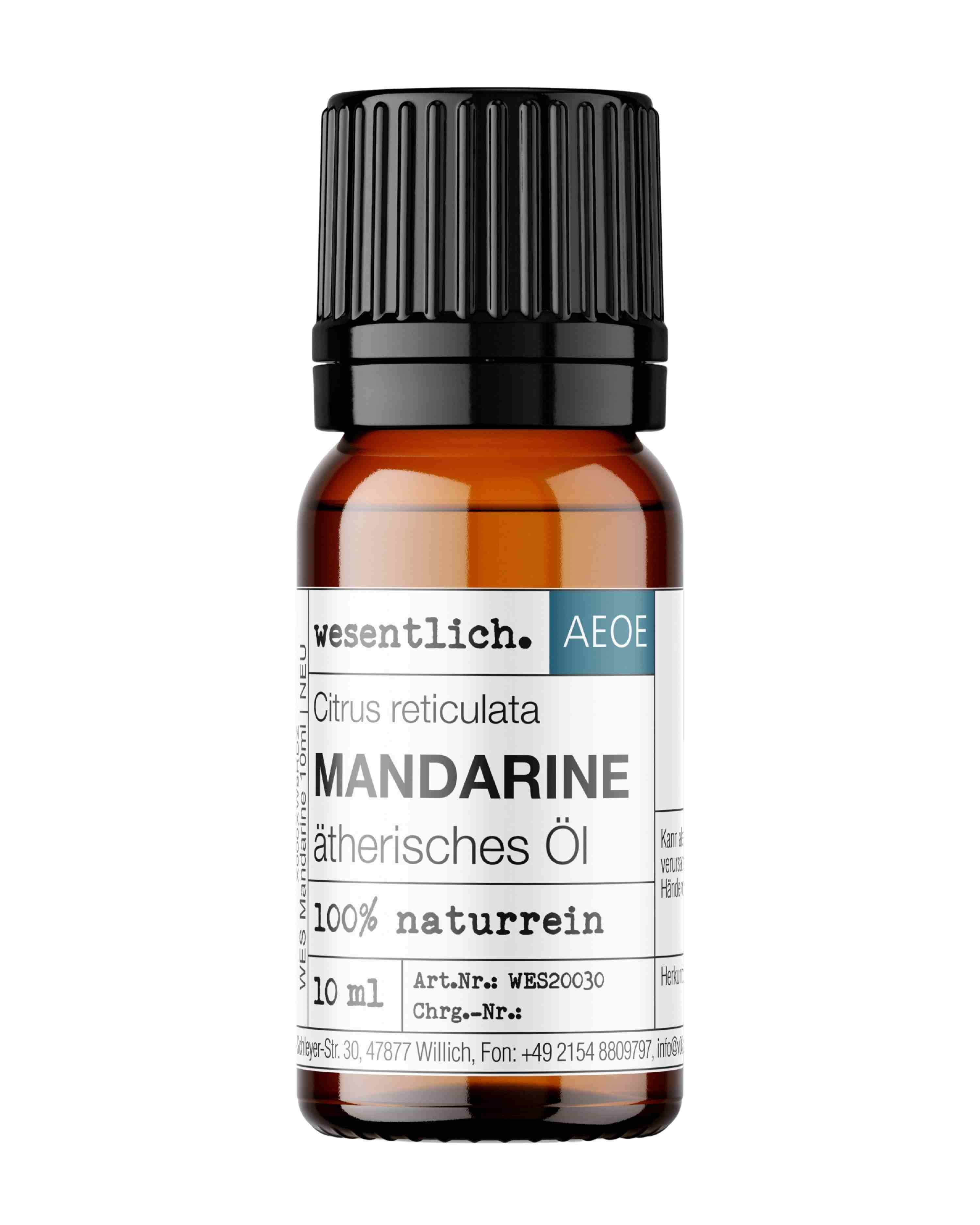 Braunglasflasche mit schwarzem Schraubverschluss, Etikett mit Mandarine ätherisches Öl, 10ml.