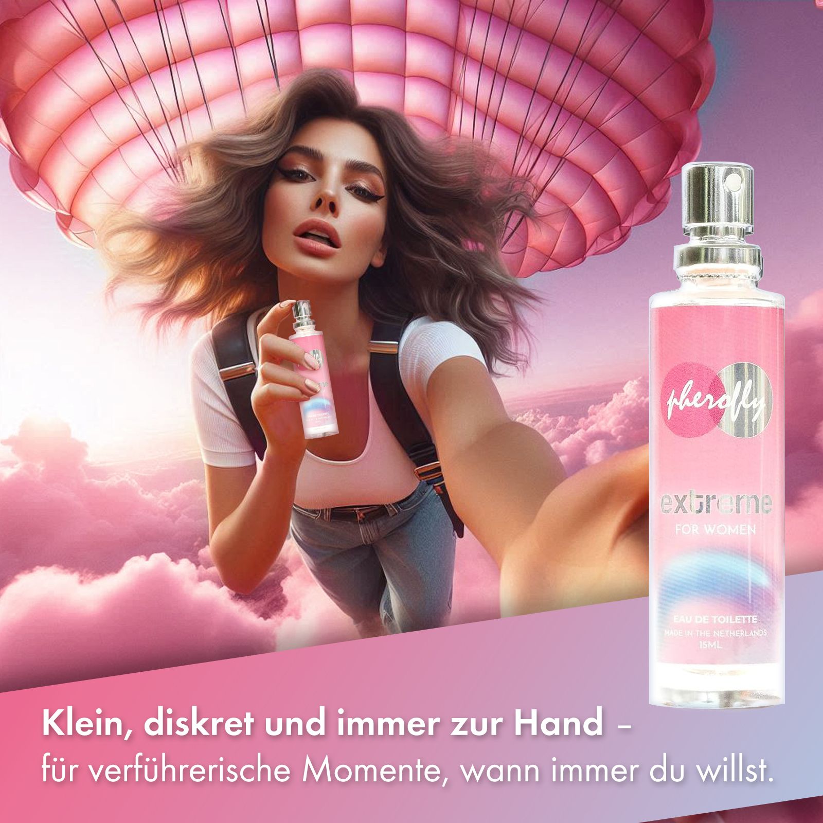 Frau hält Pherofly Extreme Flakon. Aufschrift: Extreme for Women. Klein, diskret und immer zur Hand.