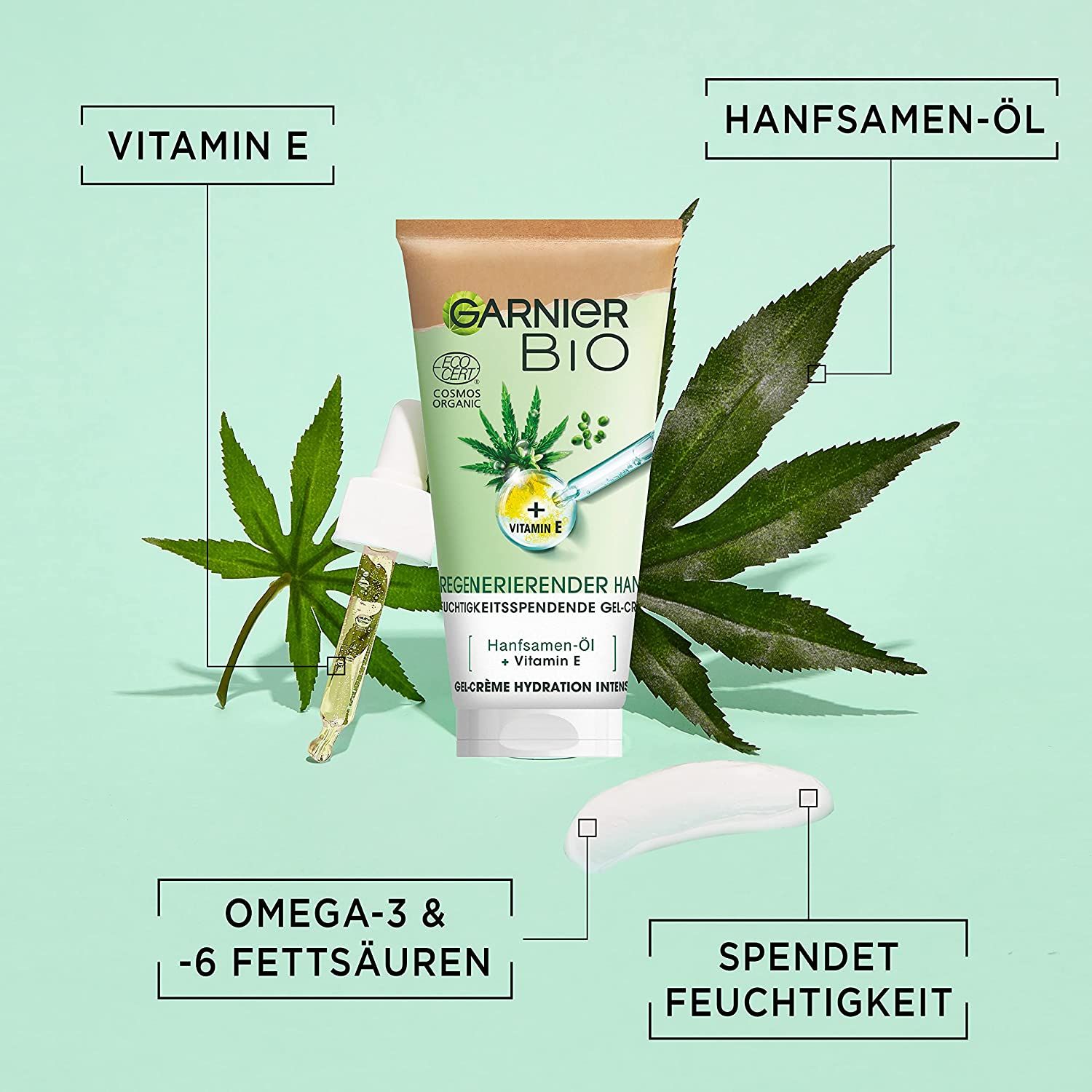 Garnier Bio Gel-Crème Tube mit Hanfsamen-Öl, Vitamin E, Omega-3 & -6 Fettsäuren. Produktabbildung mit Inhaltsstoff-Grafiken.