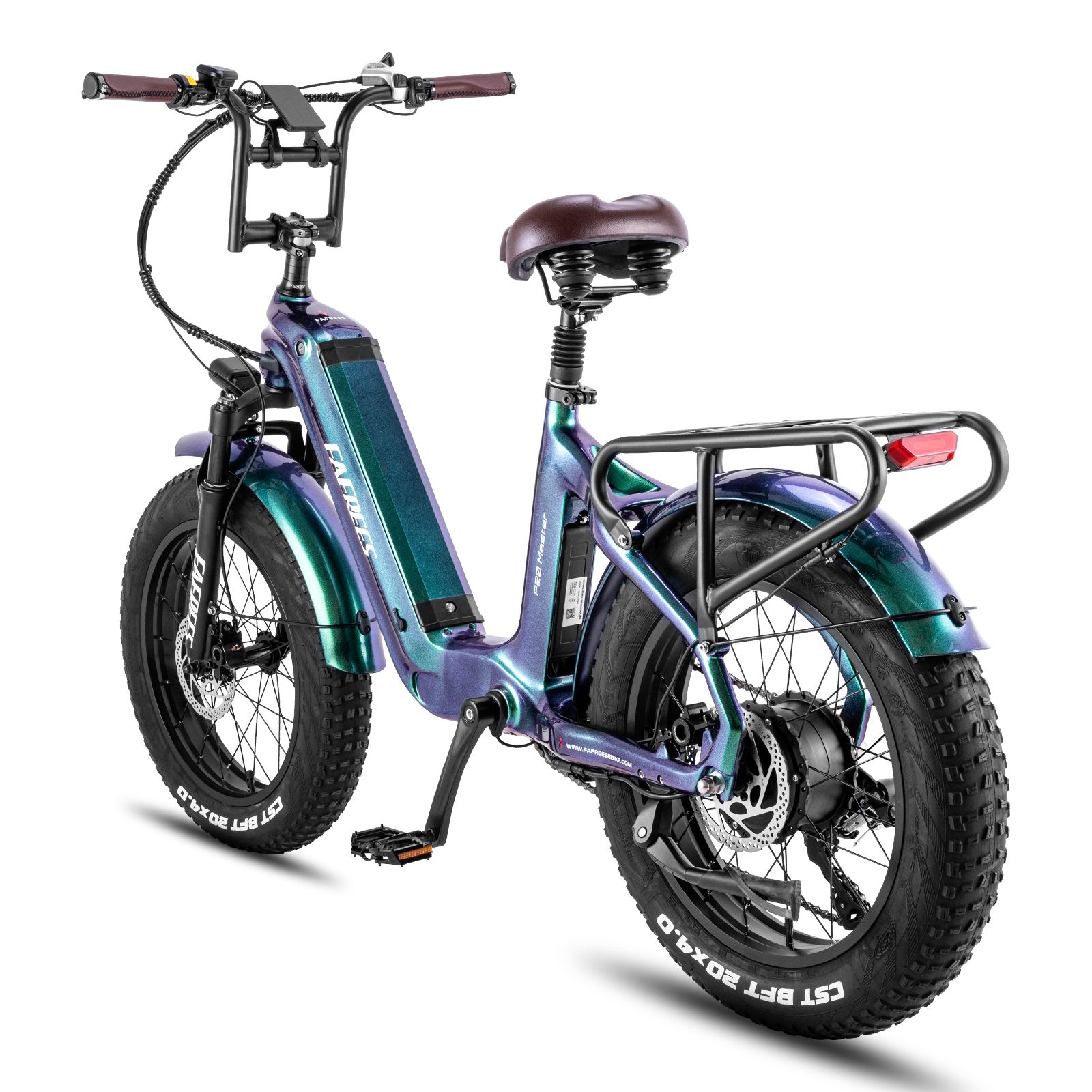 Fafrees F20 Master E-Bike. Grün-blau lackiert, breite Reifen, Gepäckträger, brauner Sattel. Fafrees-Logo sichtbar.