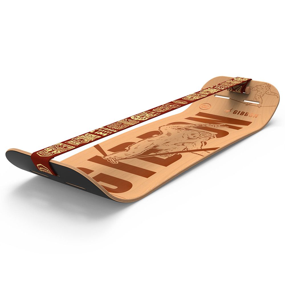 Balance Board aus Holz mit rotem Gurt. Aufdruck mit Logo und Illustration. Gebogene Form.