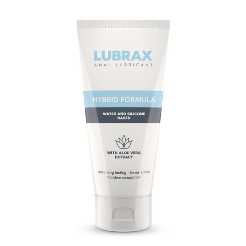 Weiß-blaue Tube mit Produktbezeichnung "LUBRAX ANAL LUBRICANT". Text: "HYBRID FORMULA", "WATER AND SILICONE BASED", "WITH ALOE VERA EXTRACT".