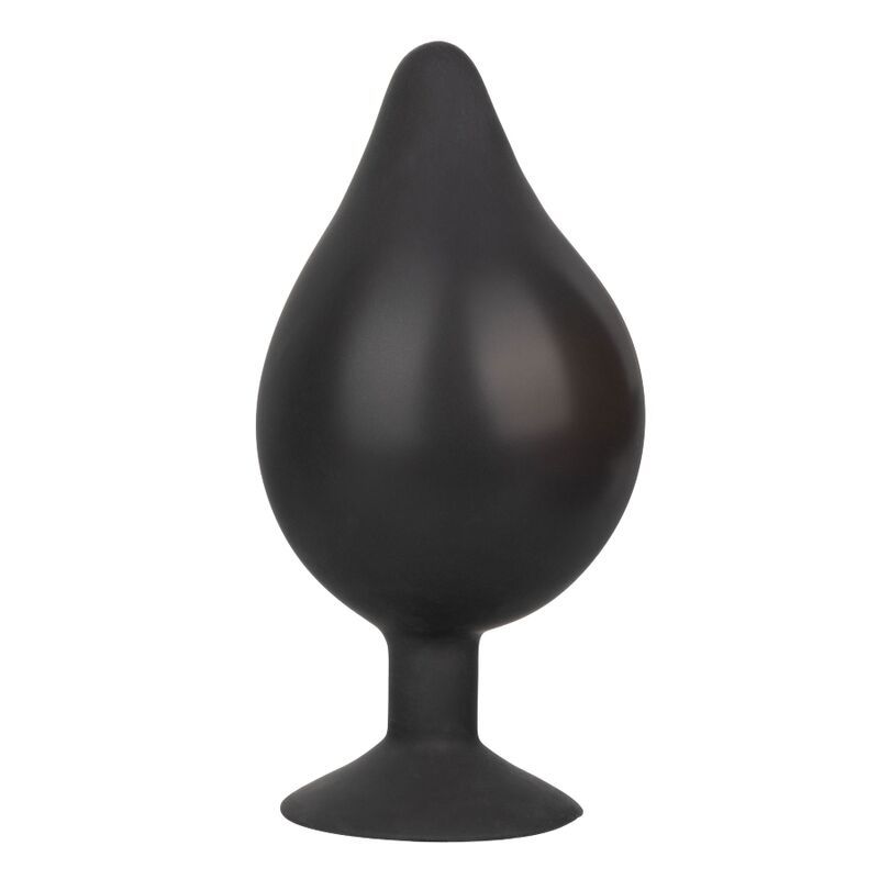 Schwarzer, aufblasbarer Silikon-Plug. Tropfenförmig mit Basis.
